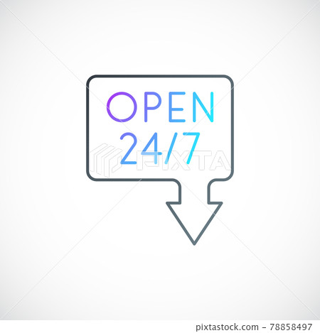 Minimalist signboard with text Open 24/7 and arrow. Minimalist signboard with text Open 24/7 and arrow. 78858497