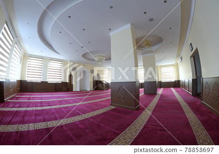 Hall for praying iwan of a mosque with minbar pulpit 78858697