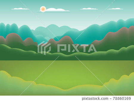 Hills, mountains landscape in flat style design. Beautiful field, sky, cloud and sun. Rural location with valley forest, trees. Blue green gradient pastel color. Cartoon background vector illustration Hills, mountains landscape in flat style design. Beautiful field, sky, cloud and sun. Rural location with valley forest, trees. Blue green gradient pastel color. Cartoon background vector illustration 78860169