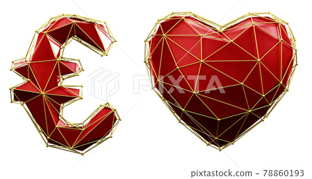 Symbol collection euro and heart made of 3d render red color. Collection of low polly style symbol Symbol collection euro and heart made of 3d render red color. Collection of low polly style symbol 78860193