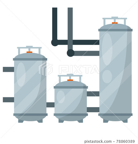 Boiler for heating water. Grey tank with pipes and dial. Sanitary engineering 78860389