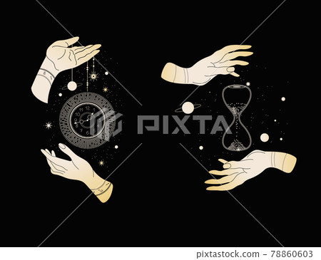 Magic hands with an hourglass.Hand with a clock. Universe in an hourglass. 78860603