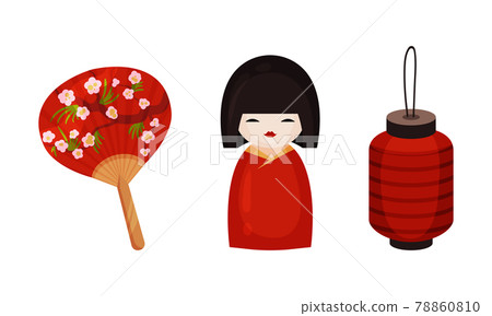 Japan Symbols with Kokeshi Wooden Doll and Paper Lantern Vector Set 78860810