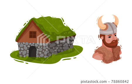 Iceland Symbols with Turf House and Man in Viking Helmet Vector Set Iceland Symbols with Turf House and Man in Viking Helmet Vector Set 78860842