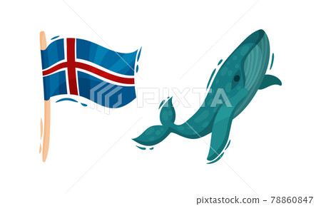 Iceland Symbols with Flag on Pole and Blue Whale Vector Set 78860847