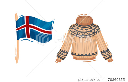 Iceland Symbols with Flag on Pole and Knitted Warm Sweater Vector Set 78860855