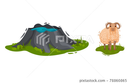 Iceland Symbols with Thermal Spring and Sheep Vector Set 78860865