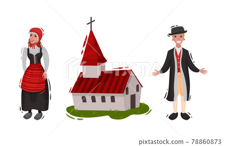 Iceland Symbols with Man and Woman Wearing Traditional Clothing and Church Vector Set 78860873