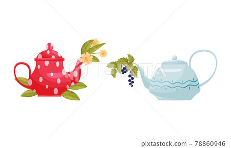 Teapot with Lid and Spout with Blooming Flowers Peeped Out Vector Set 78860946