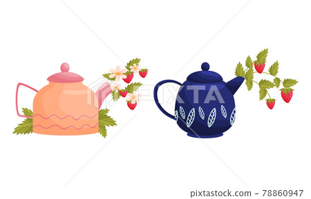 Teapot with Lid and Spout with Blooming Flowers Peeped Out Vector Set 78860947