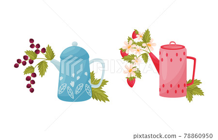 Teapot with Lid and Spout with Blooming Flowers Peeped Out Vector Set Teapot with Lid and Spout with Blooming Flowers Peeped Out Vector Set 78860950