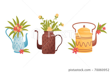 Teapot with Lid and Spout with Blooming Flowers Peeped Out Vector Set 78860952