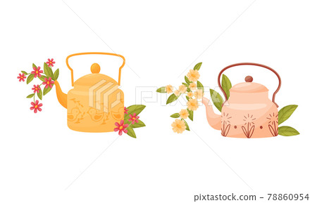 Teapot with Lid and Spout with Blooming Flowers Peeped Out Vector Set Teapot with Lid and Spout with Blooming Flowers Peeped Out Vector Set 78860954