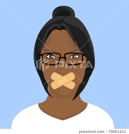 Young person with mouth sealed with crossed sticking plasters. Censorship concept. 78861832