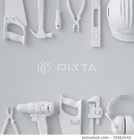 Top view of monochrome construction tools for repair and installation on white Top view of monochrome construction tools for repair and installation on white 78862640