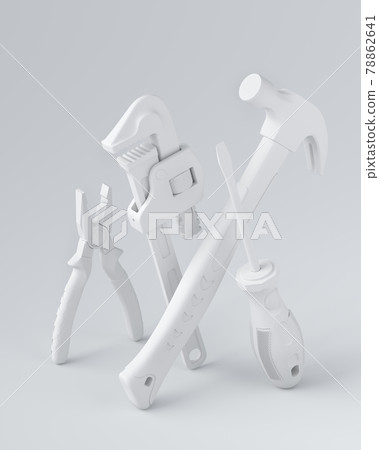 Isometric view of monochrome construction tools for repair on white 78862641