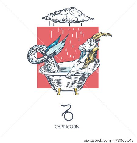 Capricorn zodiac sign. Capricorn is sitting in the bath. Cloud and rain. 78863145