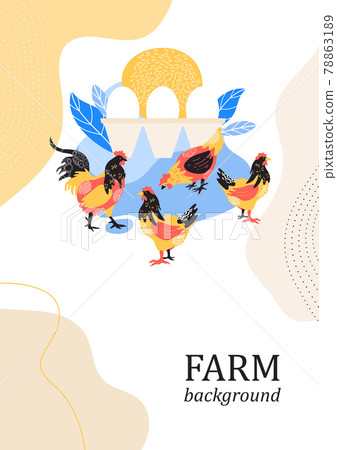 Sample brochure. Agricultural background. Chickens and rooster. Poultry keeping. 78863189