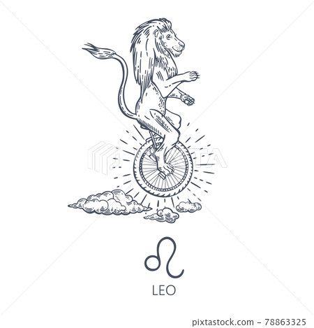 Leo zodiac sign. The lion rides on one wheel. Sun and clouds. Astrology. Leo zodiac sign. The lion rides on one wheel. Sun and clouds. Astrology. 78863325