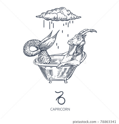 Capricorn zodiac sign. Capricorn is sitting in the bath. Cloud and rain. 78863341