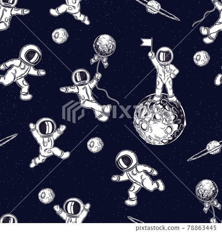 Seamless pattern. Space background. Astronauts play soccer. 78863445