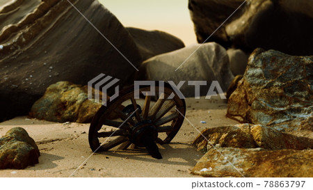 Old wooden cart wheel at sand beach 78863797