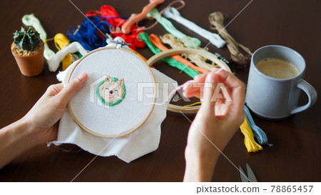 hand craft embroidery art woman hobby shiba dog flower pattern handmade selected focus 78865457