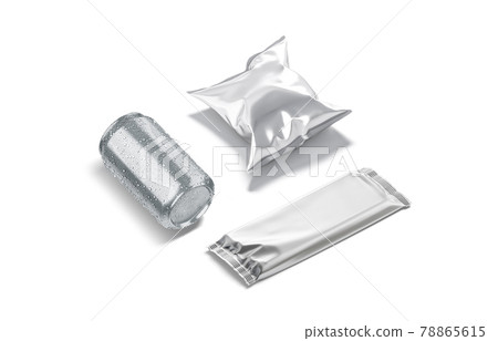 Blank silver soda can, chips and chocolate pack mockup Blank silver soda can, chips and chocolate pack mockup 78865615