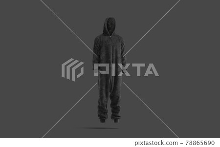 Blank black plush jumpsuit with hood mockup, dark background Blank black plush jumpsuit with hood mockup, dark background 78865690