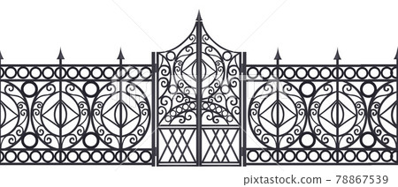 Iron vector gate, wrought metal fence seamless border isolated on white, mansion antique entrance 78867539