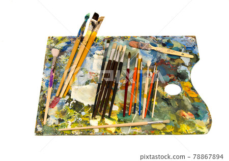 oil painters palette with brushes on white oil painters palette with brushes on white 78867894