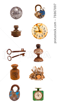 assorted old objects and tools collection on white 78867897
