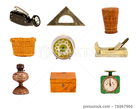 various old objects and tools on white various old objects and tools on white 78867908