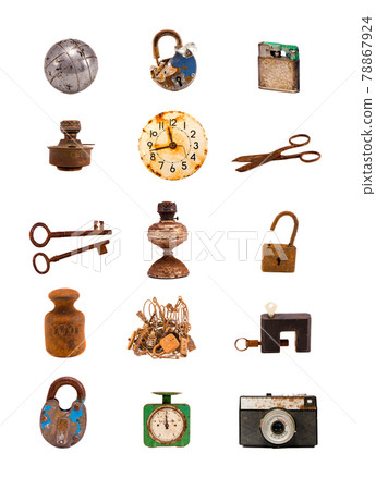 various old objects and tools assorted group  on white 78867924