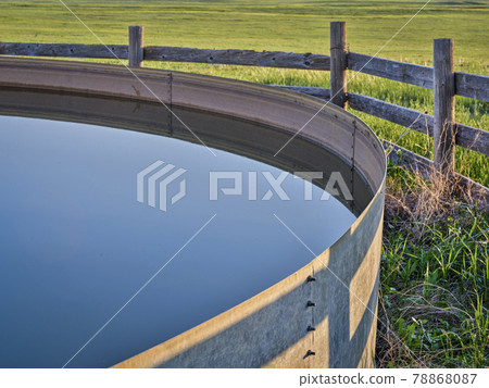 cattle water tank in a green prairie 78868087
