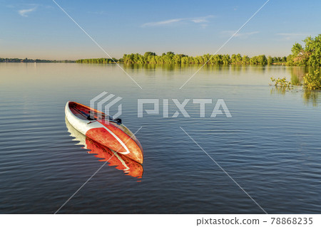 stand up paddleboard is floating on a calm lake stand up paddleboard is floating on a calm lake 78868235