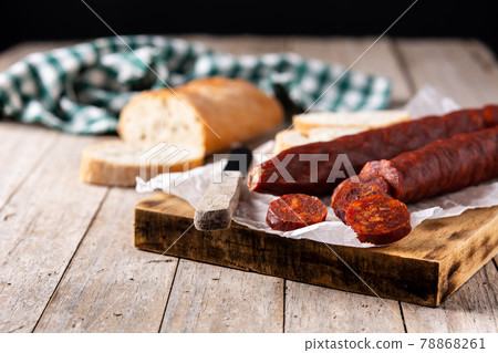 Spanish chorizo sausage on rustic Spanish chorizo sausage on rustic 78868261