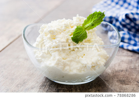 Fresh cottage cheese in a metal bowl Fresh cottage cheese in a metal bowl 78868286
