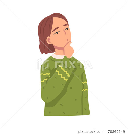 Teenage Girl Thinking or Solving Problem, Portrait of Thoughtful Person Cartoon Vector Illustration 78869249
