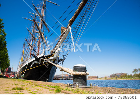 Den Helder, the Netherlands. May 5, 2021. Old clipper moored at the quay of the former shipyard Willemsoord in Den Helder, the netherlands. 78869501