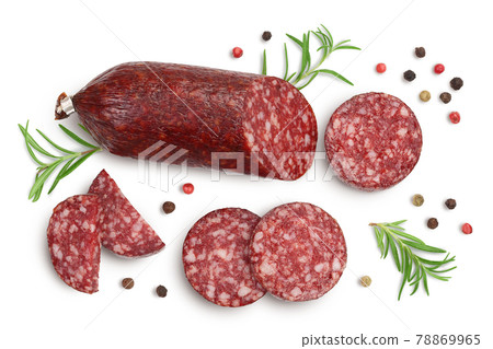 Smoked sausage salami with slices isolated on white background with clipping path and full depth of field. Top view. Flat lay 78869965