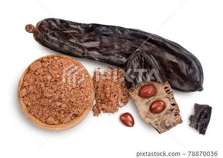 Carob pod and powder isolated on white background with clipping path and full depth of field. Top view. Flat lay Carob pod and powder isolated on white background with clipping path and full depth of field. Top view. Flat lay 78870036