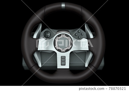 Realistic leather steering wheel isolated on a black background. 78870321