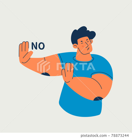 Young man, cute guy with his hands shows rejection or stop. Moving away hands showing refusal and denial with afraid and disgusting expression. Vector isolated illustration. 78873244
