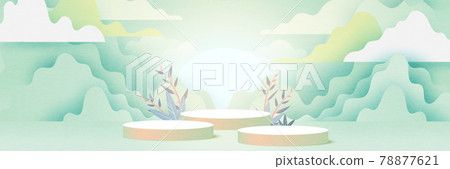 3d Paper cut abstract minimal geometric shape template background.Cylinder podium on green nature landscape mountains and clouds background. 3d Paper cut abstract minimal geometric shape template background.Cylinder podium on green nature landscape mountains and clouds background. 78877621