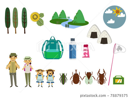 夏季休閒的插圖。夏季圖標材料。一個穿著夏裝的人。夏季徒步旅行。 78879375