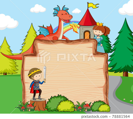Empty wooden banner in the forest scene with fairy tale cartoon character and elements Empty wooden banner in the forest scene with fairy tale cartoon character and elements 78881564