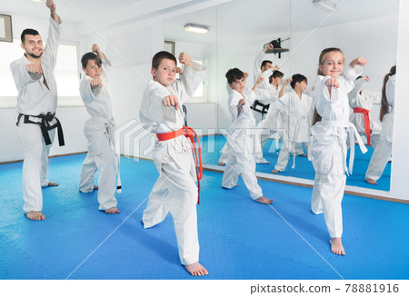 Children trying martial moves in karate class Children trying martial moves in karate class 78881916