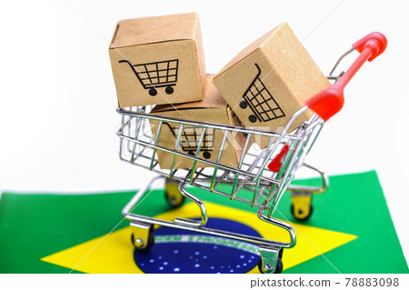 Box with shopping cart logo and Brazil flag : Import Export Shopping online or eCommerce finance delivery service store product shipping, trade, supplier concept.. Box with shopping cart logo and Brazil flag : Import Export Shopping online or eCommerce finance delivery service store product shipping, trade, supplier concept.. 78883098