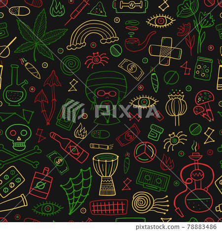 Drugs addiction. Say no to drugs. Rasta collection with skull, marijuana, drum, pills, music symbols. Seamless pattern background 78883486